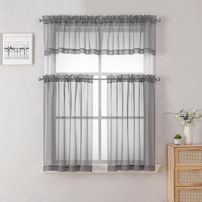 Lecloud Charcoal Grey Sheer Kitchen Curtains 36 Inch Length 2 Pcs, Sheer Voile - Image 8