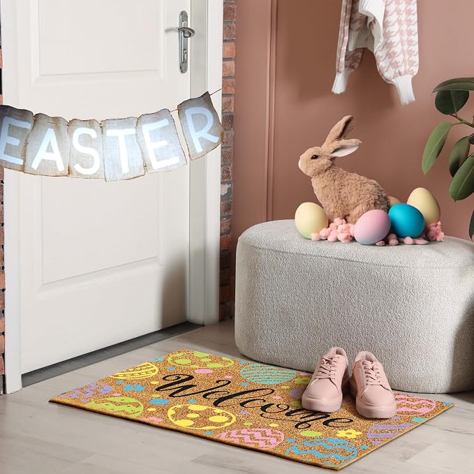 Ceenna Easter Welcome Doormat Outdoor Easter Egg Coir Door Mat Egg Front Door Mat Decor Non Slip Front Porch Rugs for Home Entrance Decoration, 16 x 28 Inch