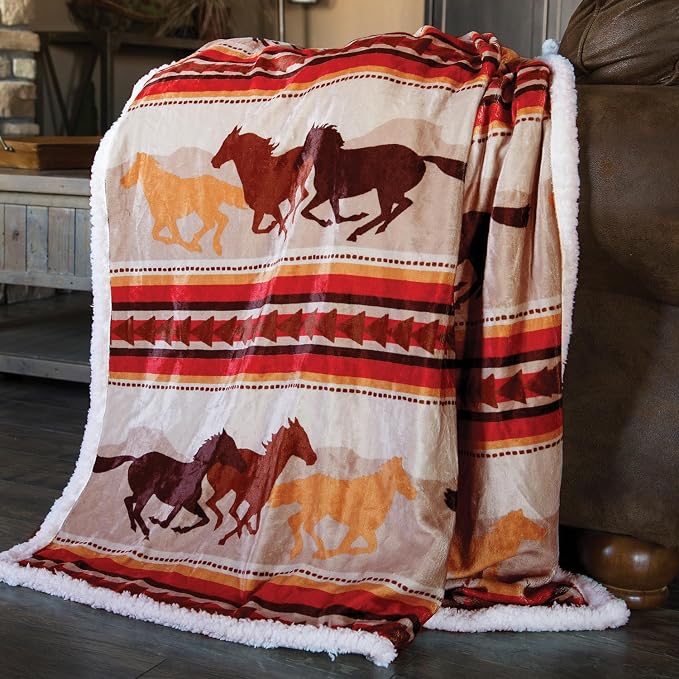Carstens, Inc. Wrangler Running Horse Country Sherpa Fleece Throw Blanket, Brown, One Size