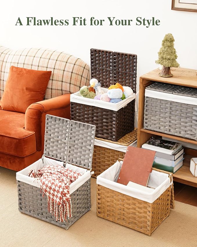 SETVSON Storage Basket with Lid Woven Wicker Baskets with 2 Separate Lid, 9.2 Gallon (35 L) Wicker Storage Bins with Handles, Foldable and 2 Removable Liner Bags for Bedroom, Laundry Room Brown