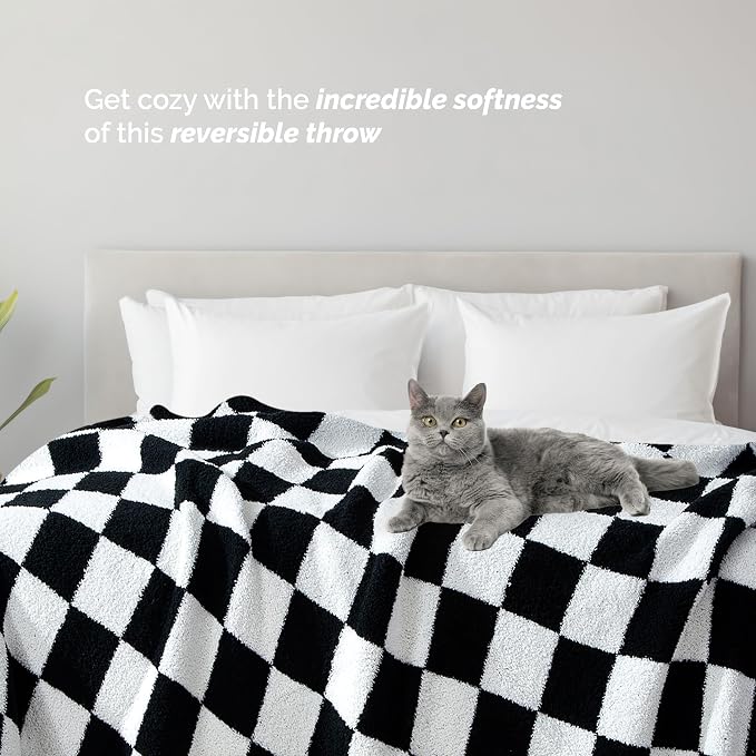 Elegant Comfort Checkered Throw Blanket, Black Super Soft Cozy Fluffy Warm Throw Blankets for Couch, Sofa, Chair, Bed, Camping, Picnic, Travel Lightweight Bed Blanket (50" x 70")