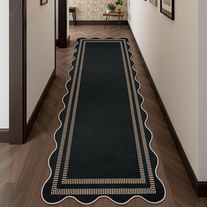 Scalloped 2.6x8 Kitchen Runner Rug, Washable Rugs for Entryway Non Slip Outdoor Indoor Black Long Rug, Farmhouse Morden Carpet for Hallway Bedroom
