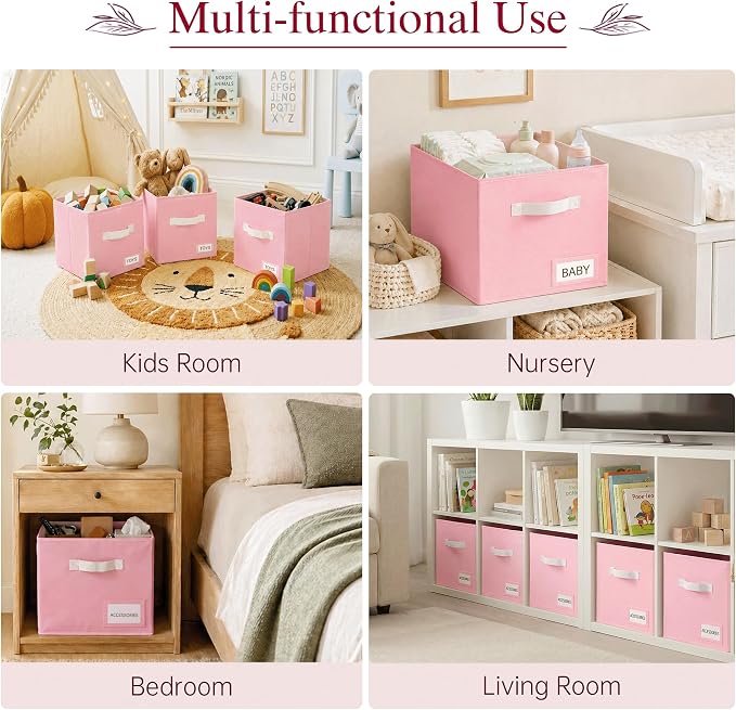 Storage Cubes 10 Pack, 11 Inch Fabric Storage Bins Organizer with Labels, Odor-Free & Sturdy PP Structure, Collapsible Cubby Baskets for Closet, Shelves, Toys & Nursery (Pink)