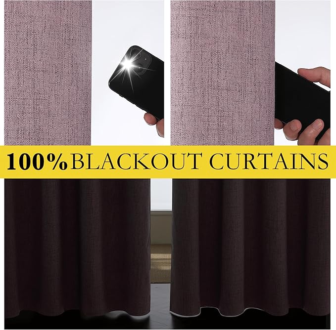 NICETOWN Chaise Mauve Vintage Linen 100% Blackout Curtains for Living Room, Thermal Insulated Curtains 108" Long, Noise Reducing Window Treatment Drapes for Hall Room, 52" Wide Per Panel, Set of 2