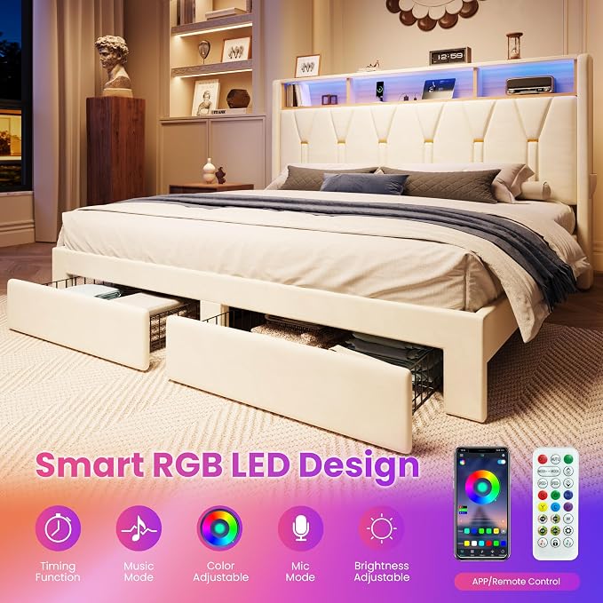 SHA CERLIN Velvet King Platform Bed Frame with 2 Storage Drawers, LED Storage Headboard with Charging Station, Wingback Upholstered, Noise Free, No Box Spring Needed, Easy Assembly, White