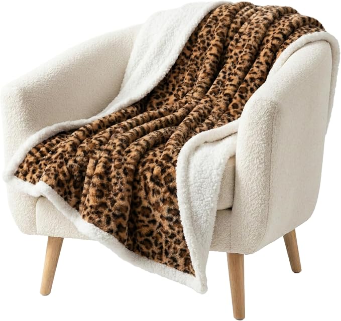 Sherpa Fleece Throw Blanket - 50x60-Inch Machine-Washable Reversible Throw - Fluffy Blankets for Couch, Chair, or Bed by Lavish Home (Leopard)