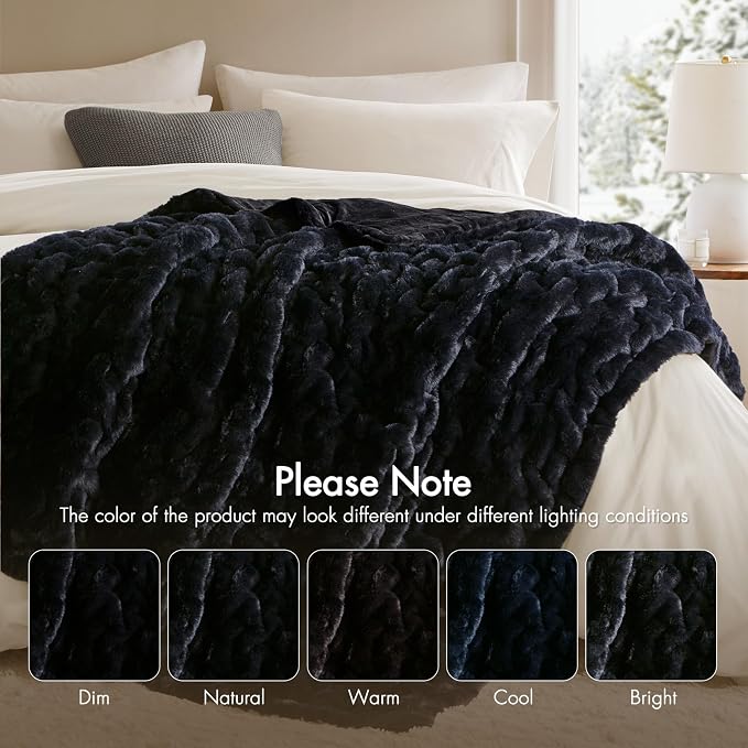 Madison Park Ruched Fur Throw Faux Fur Blanket for Sofa, 50" x 60", Black | Luxury, Premium, Soft Cozy Brushed Long Pile, All Season Plush Modern OEKO- TEX Certification Warm For Bed, Couch or Sofa