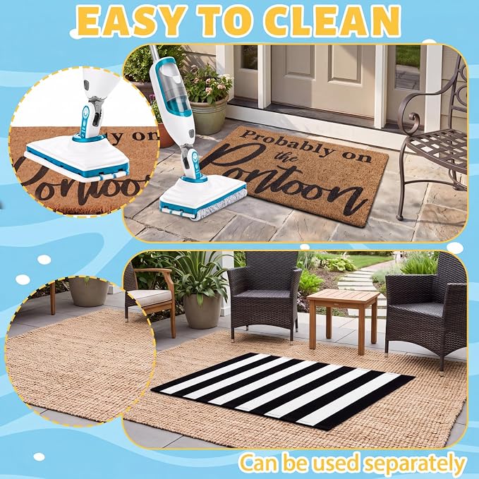 Moucuny 2 Pcs Probably on The Pontoon Coir Doormat Set 16'' x 28 '' Lake House Welcome Mats 24'' x 35'' Black White Striped Layered Rugs for Pontoon Boat Front Door Porch Entryway Decor