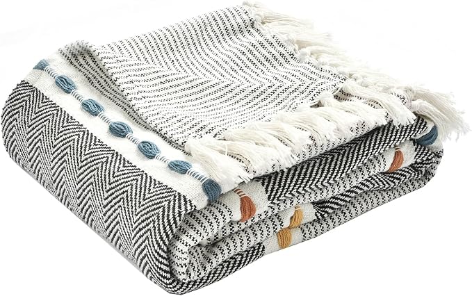 Lush Decor Herringbone Stripe Woven Tassel Yarn Dyed Cotton Throw Blanket 50" W x 60" L Black & Multi - Striped Throw Blankets - Black Couch Blanket