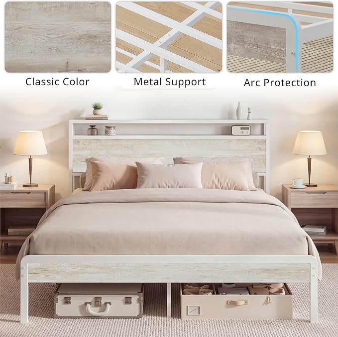 LIKIMIO Queen Bed Frame with 2-Tier Storage Shelf Headboard | Wood Platform Bed, Camas Queen with Strong Metal Supports, Sturdy, Noise-Free, No Box Spring Needed, White Maple