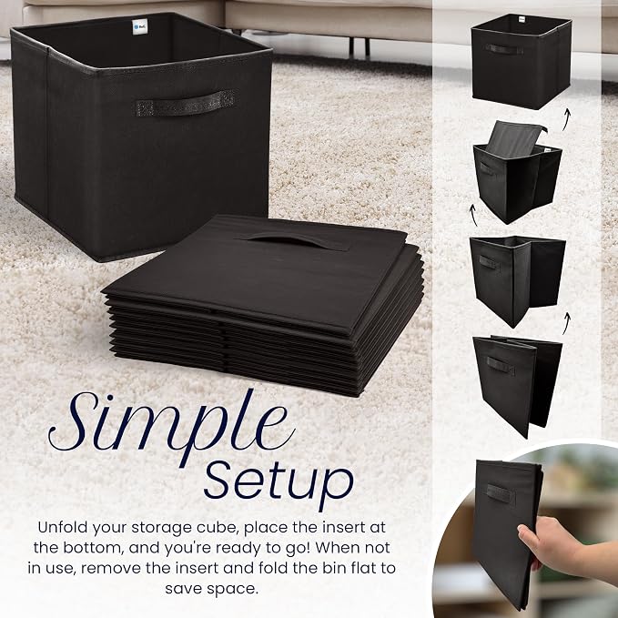 Reli. 13x13x13 Storage Cube Bins (8 Pack) | Large Cube Organizer Bins | 13x13 Fabric Storage Boxes | Fits Kallax | Collapsible, Foldable Fabric Cubby Box (Square) | Kids Room Organization (Black)