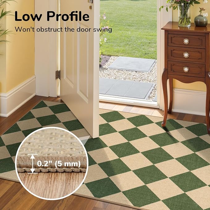 Lessymo Checkered Easy Jute Entryway Rug, 2x3 Washable Front Indoor Mat | Non Slip Area Rugs, Stain Resistant, Non Shed Outdoor Carpet for Kitchen Bathroom Porch Bedroom Bedside, Diamond Green/Beige