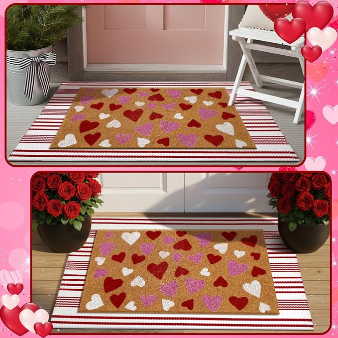 Moucuny 2 Pcs Valentine's Day Coir Welcome Doormat Outdoor Valentine's Day Rug Layered Red and White Stripe Mat Red Heart Mat for Front Porch Outdoor Entryway