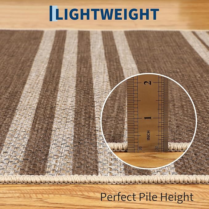 COZYLOOM Washable Area Rugs 5x7 Striped Easy Jute Rug Modern Geometric Area Rug for Living Room Non Slip Non Shedding Floor Cover Stain Resistant Foldable Outdoor Mats for Bedroom, Patio, White/Coffee
