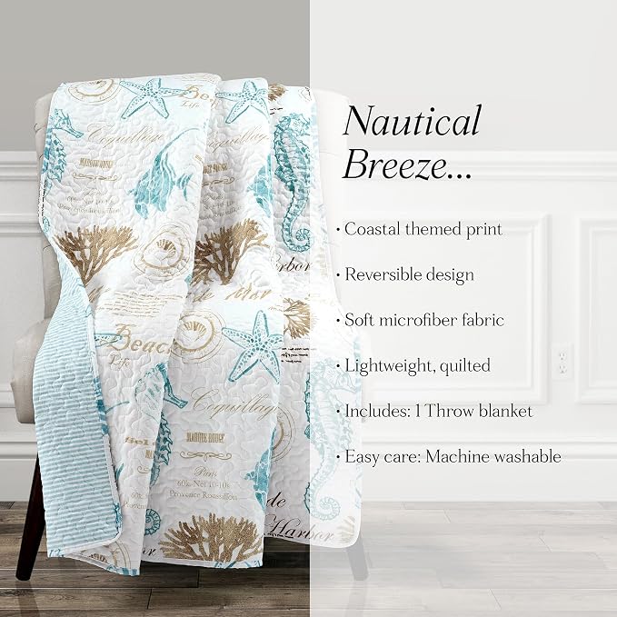 Lush Decor Harbor Life Throw Blanket, 50" W x 60" L, Blue & Taupe - Throw Blankets for Bed - Couch Blanket - Coastal Throw Blanket for Couch