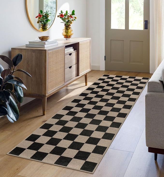 Rugalia Easy Jute Checkered Runner Rug, 2x6 Black Modern Washable Rugs Runner for Hallway Non-Slip Kitchen Runner Rug, Farmhouse Checkerboard Indoor Outdoor Carpet for Porch Laundry Entryway