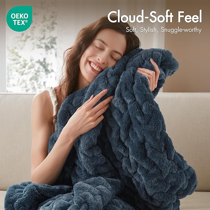 Madison Park Ruched Fur Throw Faux Fur Blanket, 50" x 60", Slate Blue | Luxury, Premium, Soft Cozy Brushed Long Pile, All Season Plush Modern OEKO- TEX Certification Warm For Bed, Couch or Sofa