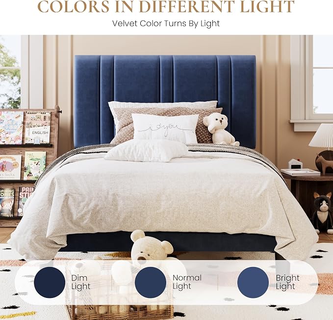 SHA CERLIN Twin Size Velvet Bed Frame with Adjustable Headboard, Blue | Vertical Channel Tufted Design, Upholstered Platform Bed, Wood Slats Support/No Box Spring Needed/Easy Assembly