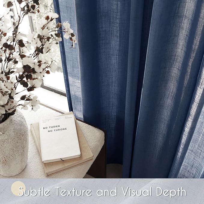 Navy Blue Curtains 96 inch Length for Bedroom Back Tab Light Filtering Semi Sheer Blue Living Room Curtains Linen Cotton Textured Indigo Blue Drapery Panel Modern Aesthetic Decor 60" Wx96 L