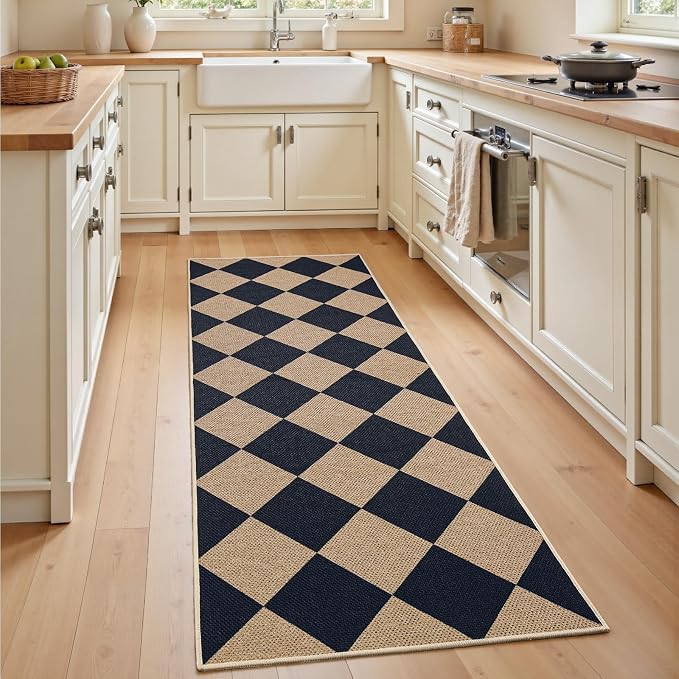 EDIMENS 2x6 Checkered Easy Jute Washable Kitchen Indoor Outdoor Runner Rug | Non Slip Front Door Runner Rug for Laundry Balcony Low Pile Rugs Black Checkerboard Carpet for Hallway 6ft Entry