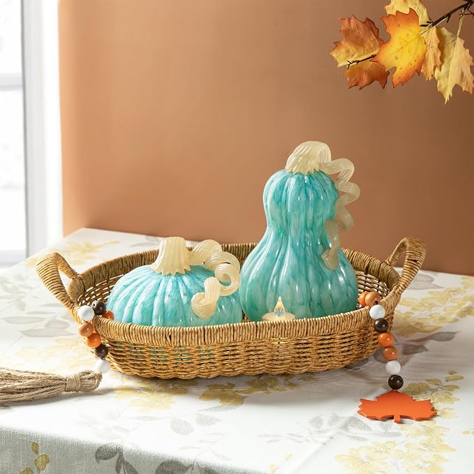 Glitzhome Hand Blown Glass Pumpkin Decor 8.5" Turquoise - Artisan Fall Harvest Thanksgiving Table Centerpiece Halloween Home Decor