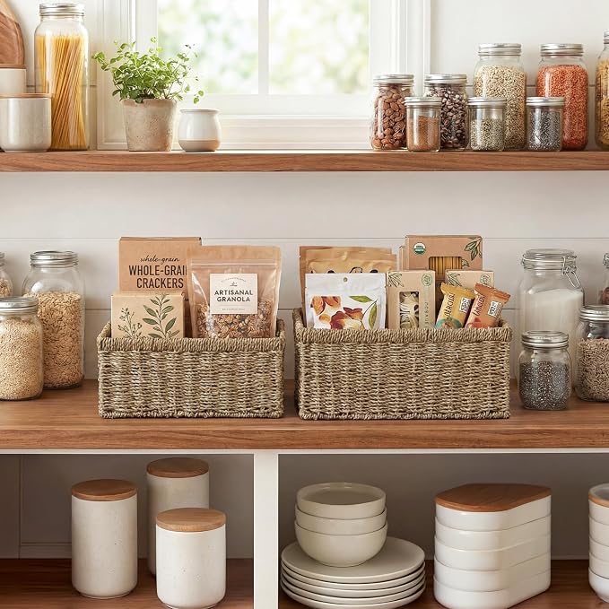 StorageWorks Wicker Storage Baskets,Natural Seagrass Storage Baskets,2-Pack | Seagrass Baskets for Storage,Seagrass Woven Storage Baskets with Built-i Handles,Decorative Woven Baskets for Storage