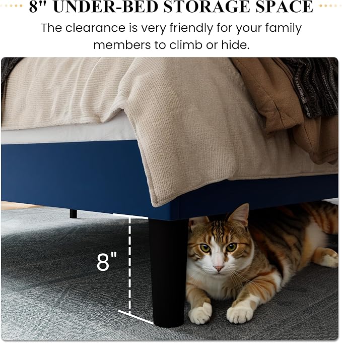 SHA CERLIN Full Size Velvet Bed Frame, Tufted Wingback Headboard, Blue | 47'' Modern Vertical Channel Headboard, Upholstered Platform Bed, Wood Slats, No Box Spring Needed, Easy Assembly, Noise Free