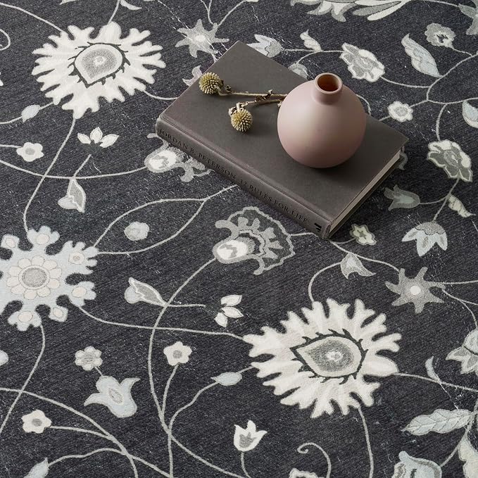 EVERGRACE Area Rugs for Living Room 3x5, Boho Floral Faux Wool Indoor Outdoor Rugs, Washable Rugs for Bedroom Entryway Dining Room Hallyway, Low Pile Floor Mat Carpet for Home Decor, Ebony Black