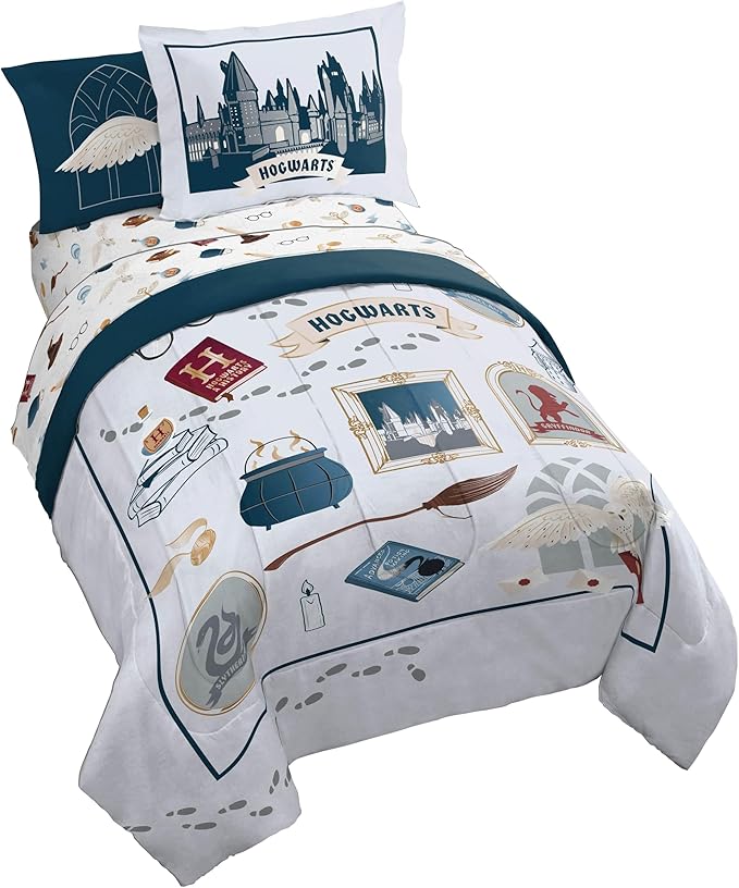 Harry Potter Full Comforter Set 7 Piece Soft Hogwarts Bedding, Grey | Hedwig, Bed in a Bag, Comforter Sheets Shams Pillowcases, Official Product, Soft Microfiber, Machine Washable, Kids Gift