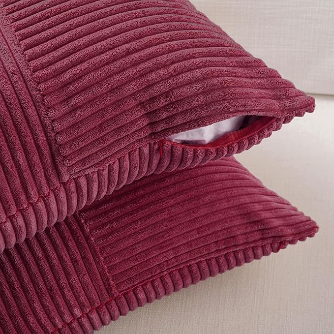 Fancy Homi 2 Packs Burgundy Euro Decorative Throw Pillow Covers 28x28 Inch for Bed, Rustic Farmhouse Boho Home Decor, Soft Corss Corduroy Patchwork Textured Square Cushion Case 71x71 cm