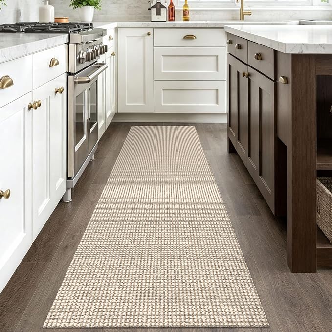 IOHOUZE Washable Runner Rug 2.6x8 Non Slip Rubber Backed Wide Hallway Runner Entryway Runner Indoor, Kitchen Rugs Woven Cotton Floor Carpet for Hall Entrance Bedroom, Cream/Beige
