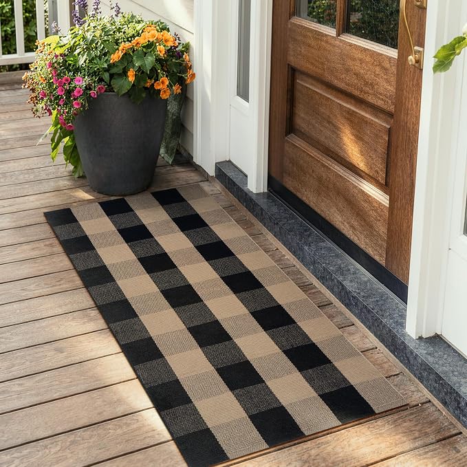 OJIA Buffalo Plaid Checkered Rug 24"x51" Fall Front Door Mat Outdoor Rugs | Black Tan Washable Door Mats Outdoor Entrance Woven Welcome Mat Indoor Outdoor Farmhouse Layered Doormats for Porch Entryway
