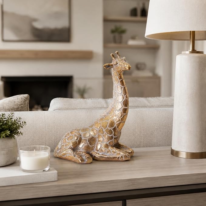 Sitting Giraffe Decorative Figurine – Tall Animal Resin Decor & Sculpture Accent – Figurines & Sculptures Home Decor for Office, Bedroom, Living Room – 7.5" x 10", Gold