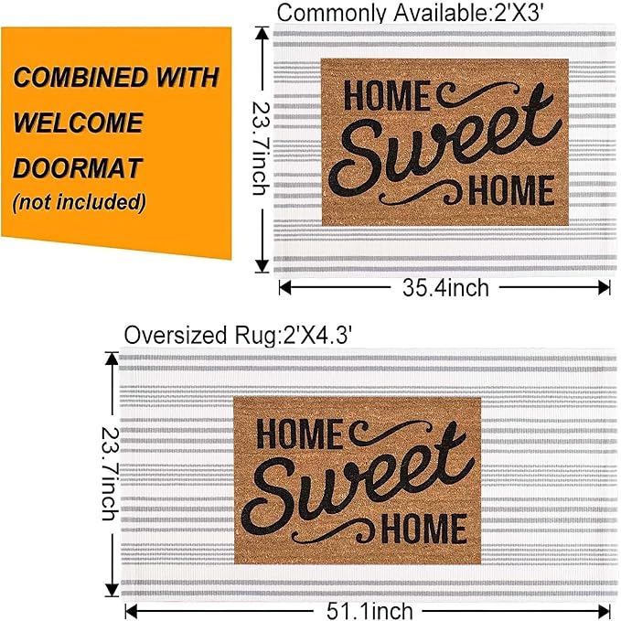 Grey and White Striped Outdoor Rug 24'' x 35'' Door Mat Outdoor Machine Washable Welcome Mats Cotton Hand-Woven Entryway Rug for Front Porch/Entryway/Laundry/Bathroom/Bedroom