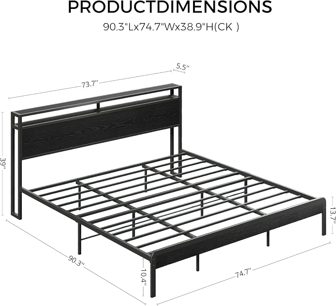 LIKIMIO California King Bed Frames with 2-Tier Storage Shelf Headboard | Dark Wood Platform Bed, Camas California King with Strong Metal Supports, Sturdy, Noise-Free, No Box Spring Needed, Black
