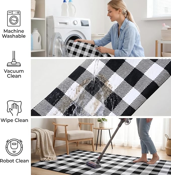 Black and White Buffalo Plaid Rug 28" x 43", Machine Washable Layering Mat for Front Door, Entryway, Kitchen, Indoor Outdoor Low Profile Cotton Woven Check Rug