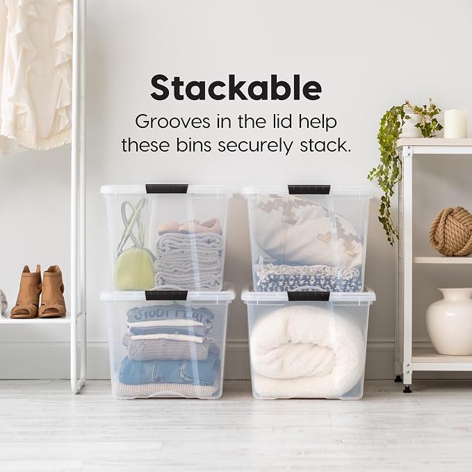 IRIS USA 4-Pack 72 Quart Storage Bins with Lids, Clear | Transparent design makes contents easy to find. Perfect for moving, blankets, clothing, and garage storage. Nestable design