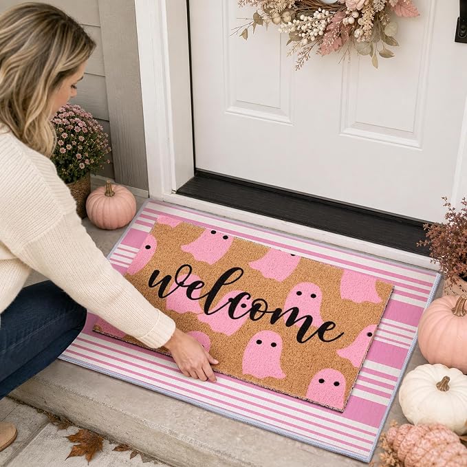 2 Pcs Pink Ghost Halloween Welcome Doormats, 16 x 24 in Welcome Ghost Door Mat and 24 x 32 in Pink White Striped Layering Rug, Cute Fall Porch Decor for Entryway Patio Kitchen Bathroom Floor