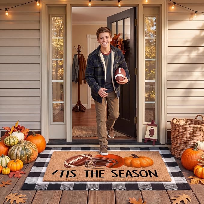 Moucuny 2 Pcs Fall Coir Doormat Outdoor Its The Season Football Doormat with Black and White Plaid Outdoor Rug Non Slip Mats for Autumn Entrance Porch Front Decor, 24'' x 35'', 16'' x 28''