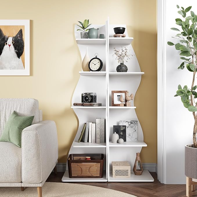 LITTLE TREE 70-Inch Corner Shelf, Seaweed Shaped Etagere Display Bookshelf, Freestanding 5-Tier Wall Shelves for Small Spaces, Living Room, Bedroom, White, 1 Pack