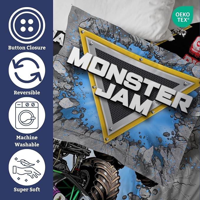 Jay Franco Kids Duvet Cover Set – 3 Piece Super Soft Bedding with Sham Pillowcase, Cover ONLY Comforter Not Included, Grey - Monster Jam, Full