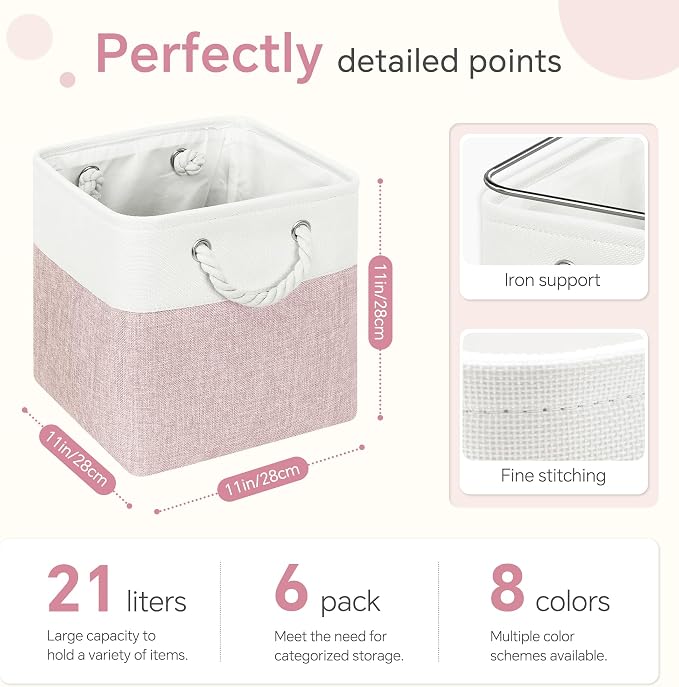 FinishingBo 11 inch Cube Storage Bin with Handles 6 Pack | Foldable Basket, Fabric Storage Bins, Closet Storage, Home Organizer (White/Pink)