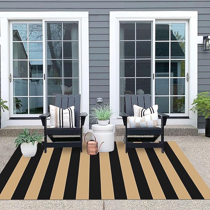 IOHOUZE Black Tan Striped Rug 4x6 Ft Front Door Mats Outdoor, Washable Rug for Front Porch Decor, Spring Summer Welcome Mats Outdoor Indoor, Doormat for Farmhouse/Entryway/Home Entrance