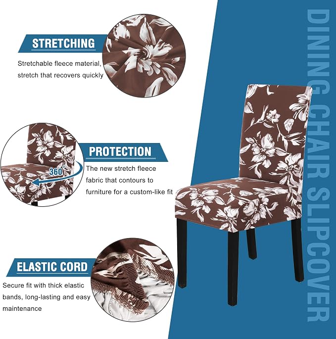 H.VERSAILTEX Stretch Dining Chair Covers Set of 6 Chair Covers for Dining Room Parsons Chair Slipcover Chair Protectors Covers Dining, Feature Modern Floral Printed Design, Chocolate
