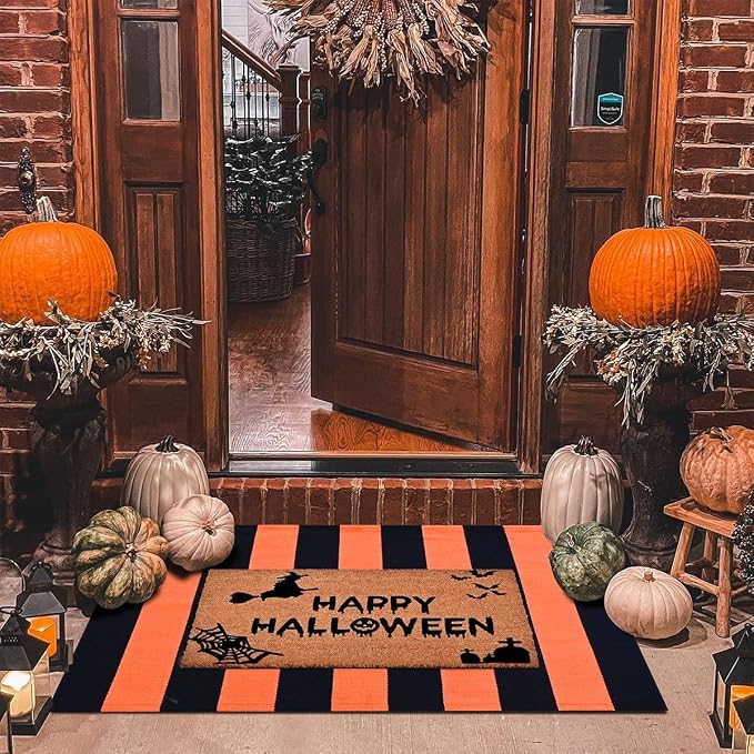 Halloween Decor Doormat Combo Set, 100% Coco Coir Welcome Mat + 3' x 5' Orange and White Striped Rug - Halloween Fall Front Porch Entryway Decor Floor Mat, Outdoor Autumn Mats Happy Halloween
