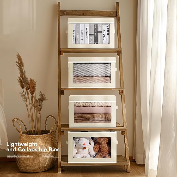 Homsorout Large Storage Baskets Bins with Lids - Stackable Cube Bins for Closet, 3 Pack Beige Windows Organizer Bins, Home Organizers and Storage for Clothes, CD, Towels