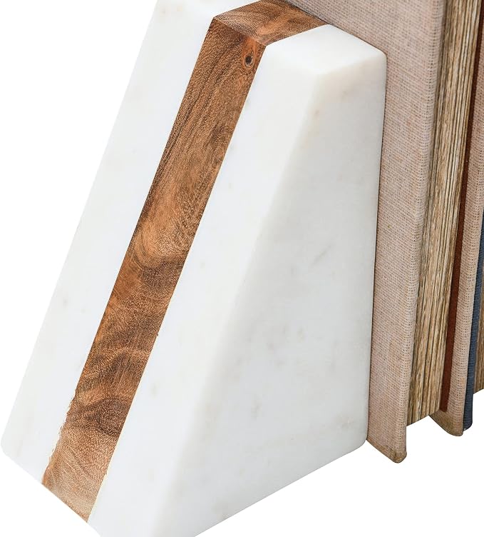 Main + Mesa Marble Geometric Bookends with Wood Inlay, White