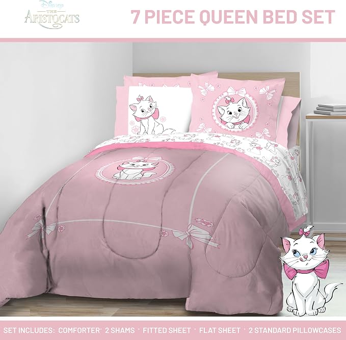 Disney Aristocats Marie Queen Comforter Set 7 Piece Kids Bedding, Pink | Bed in a Bag, Comforter Sheets Shams Pillowcases, Official Brand, Soft Microfiber, Machine Washable, Girls Gift