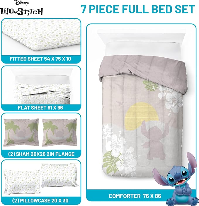 Disney Lilo and Stitch Full Size Comforter Set 7 Piece Bedding, Beige | Bed in a Bag, Comforter Sheets Shams Pillowcases, Official Product, Soft Microfiber, Machine Washable, Girls Gift