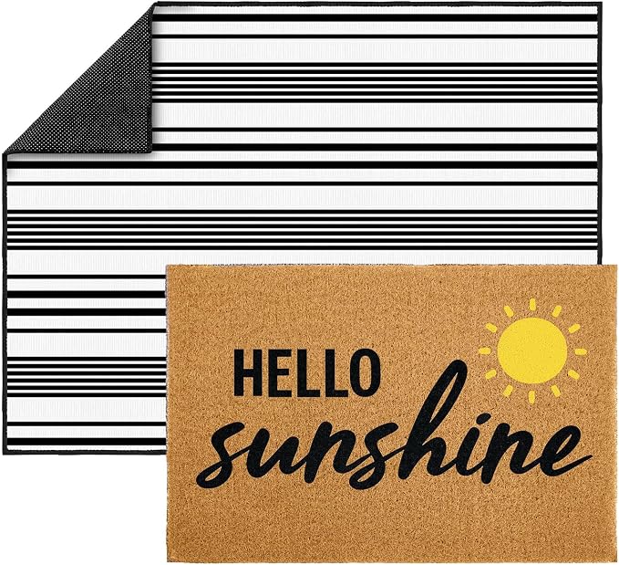 2 Pcs Layered Front Porch Decor, Hello Sunshine Welcome Doormats Summer Coastal Entryway Rug Set, Black and White Striped Crystal Velvet Base and PVC Coil Door Mat, 15.7x23.6 & 23.6x31.5
